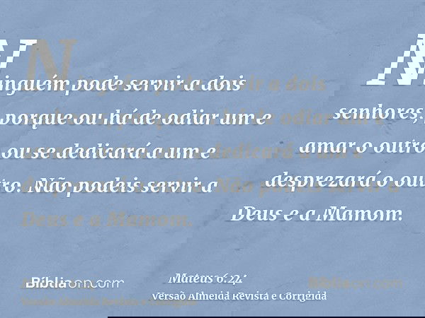 Ninguém pode servir a dois senhores, porque ou há de odiar um e amar o outro ou se dedicará a um e desprezará o outro. Não podeis servir a Deus e a Mamom.