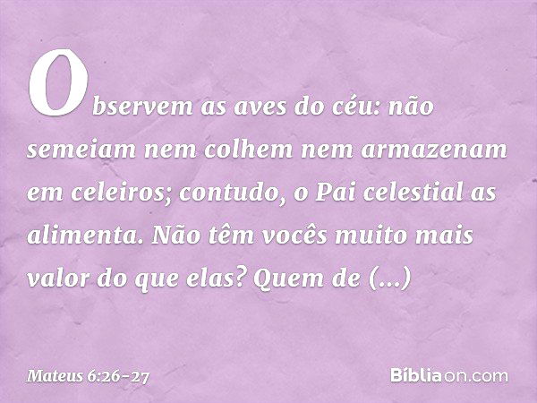 Observem as aves do céu: não semeiam nem colhem nem armazenam em celeiros; contudo, o Pai celestial as alimenta. Não têm vocês muito mais valor do que elas? Que