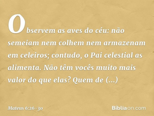 Observem as aves do céu: não semeiam nem colhem nem armazenam em celeiros; contudo, o Pai celestial as alimenta. Não têm vocês muito mais valor do que elas? Que