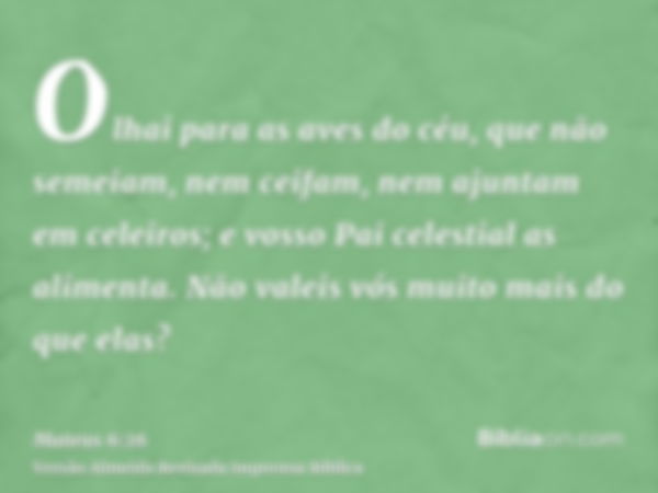 Olhai para as aves do céu, que não semeiam, nem ceifam, nem ajuntam em celeiros; e vosso Pai celestial as alimenta. Não valeis vós muito mais do que elas?