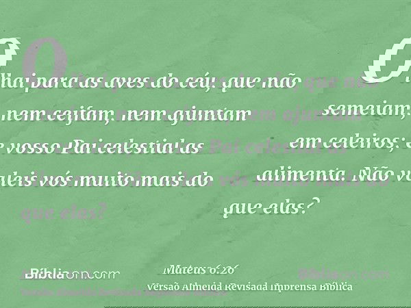 Olhai para as aves do céu, que não semeiam, nem ceifam, nem ajuntam em celeiros; e vosso Pai celestial as alimenta. Não valeis vós muito mais do que elas?