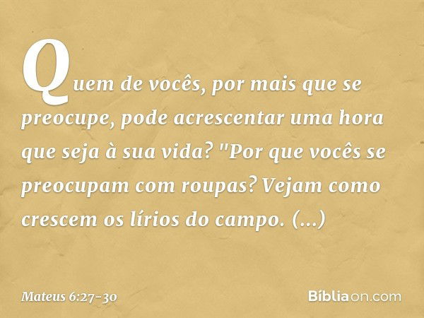 Quem de vocês, por mais que se preocupe, pode acrescentar uma hora que seja à sua vida? "Por que vocês se preocupam com roupas? Vejam como crescem os lírios do 