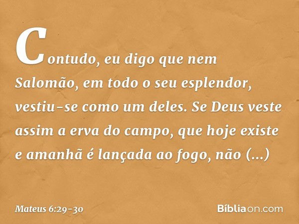 Contudo, eu digo que nem Salomão, em todo o seu esplendor, vestiu-se como um deles. Se Deus veste assim a erva do campo, que hoje existe e amanhã é lançada ao f