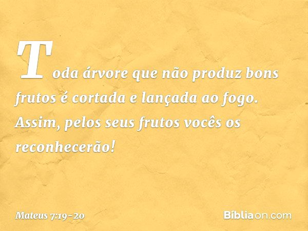 Toda árvore que não produz bons frutos é cortada e lançada ao fogo. Assim, pelos seus frutos vocês os reconhecerão! -- Mateus 7:19-20