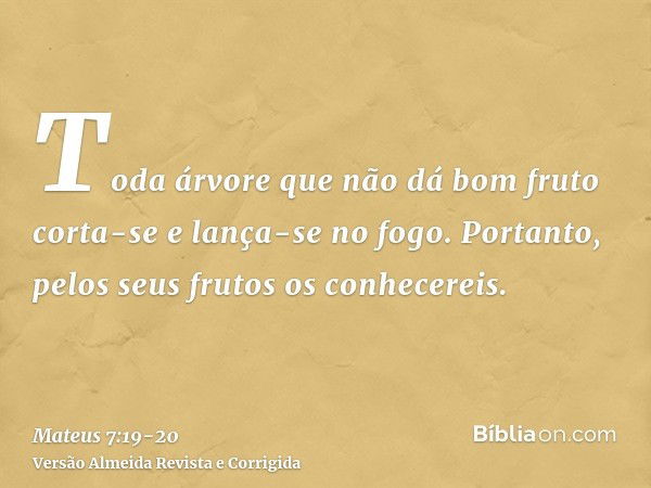 Toda árvore que não dá bom fruto corta-se e lança-se no fogo.Portanto, pelos seus frutos os conhecereis.