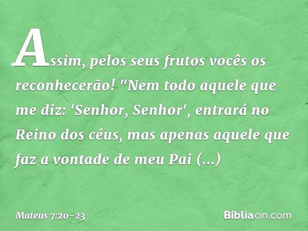 Assim, pelos seus frutos vocês os reconhecerão! "Nem todo aquele que me diz: 'Senhor, Senhor', entrará no Reino dos céus, mas apenas aquele que faz a vontade de