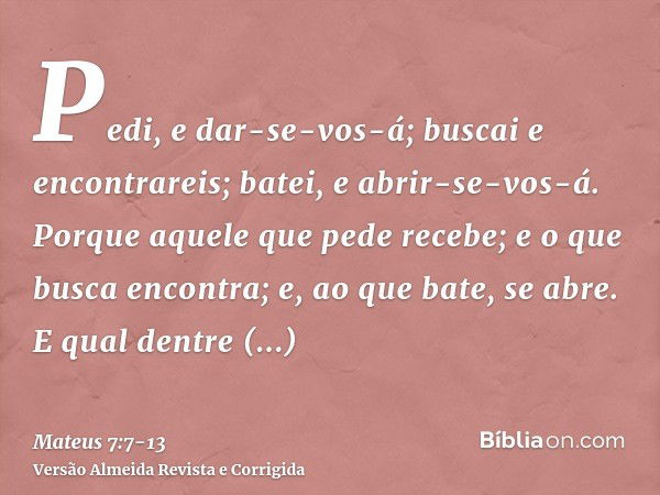 Pedi, e dar-se-vos-á; buscai e encontrareis; batei, e abrir-se-vos-á.Porque aquele que pede recebe; e o que busca encontra; e, ao que bate, se abre.E qual dentr