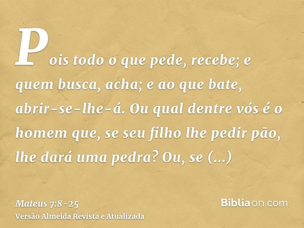 Pois todo o que pede, recebe; e quem busca, acha; e ao que bate, abrir-se-lhe-á.Ou qual dentre vós é o homem que, se seu filho lhe pedir pão, lhe dará uma pedra