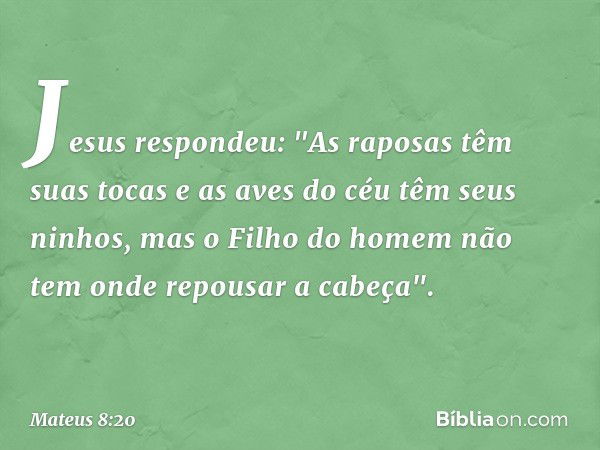 Jesus respondeu: "As raposas têm suas tocas e as aves do céu têm seus ninhos, mas o Filho do homem não tem onde repousar a cabeça". -- Mateus 8:20