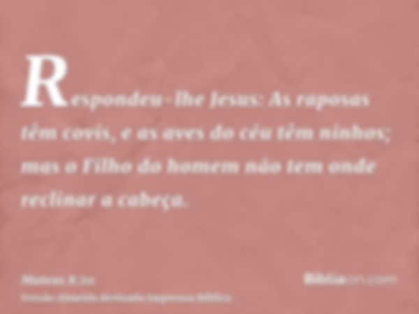 Respondeu-lhe Jesus: As raposas têm covis, e as aves do céu têm ninhos; mas o Filho do homem não tem onde reclinar a cabeça.