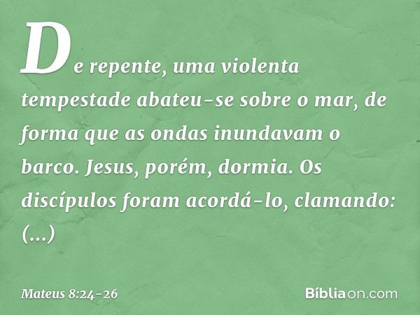 De repente, uma violenta tempestade abateu-se sobre o mar, de forma que as ondas inundavam o barco. Jesus, porém, dormia. Os discípulos foram acordá-lo, clamand