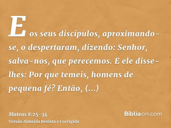 E os seus discípulos, aproximando-se, o despertaram, dizendo: Senhor, salva-nos, que perecemos.E ele disse-lhes: Por que temeis, homens de pequena fé? Então, le