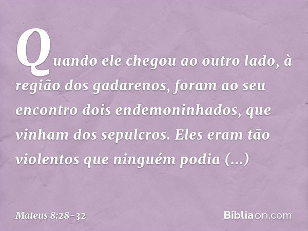 Quando ele chegou ao outro lado, à região dos gadarenos, foram ao seu encontro dois endemoninhados, que vinham dos sepulcros. Eles eram tão violentos que ningué