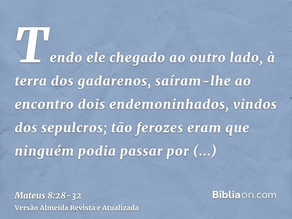 Tendo ele chegado ao outro lado, à terra dos gadarenos, saíram-lhe ao encontro dois endemoninhados, vindos dos sepulcros; tão ferozes eram que ninguém podia pas