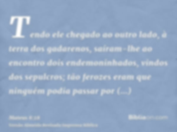 Tendo ele chegado ao outro lado, à terra dos gadarenos, saíram-lhe ao encontro dois endemoninhados, vindos dos sepulcros; tão ferozes eram que ninguém podia pas