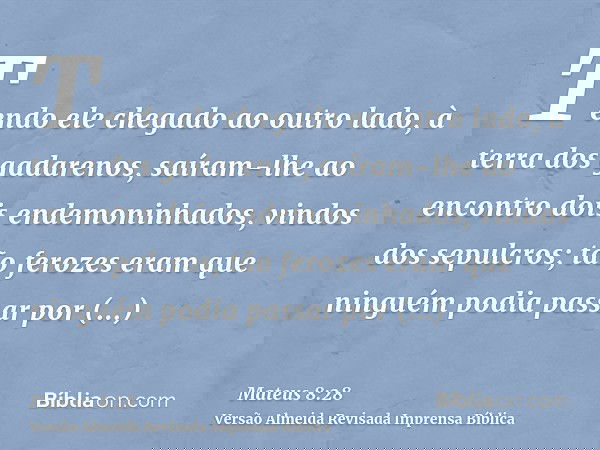 Tendo ele chegado ao outro lado, à terra dos gadarenos, saíram-lhe ao encontro dois endemoninhados, vindos dos sepulcros; tão ferozes eram que ninguém podia pas