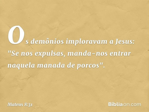 Os demônios imploravam a Jesus: "Se nos expulsas, manda-nos entrar naquela manada de porcos". -- Mateus 8:31