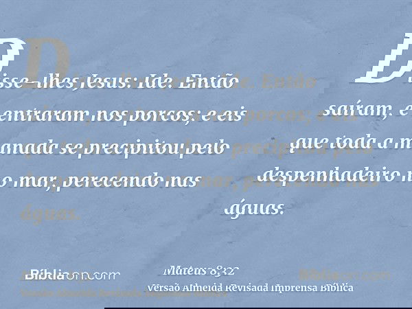 Disse-lhes Jesus: Ide. Então saíram, e entraram nos porcos; e eis que toda a manada se precipitou pelo despenhadeiro no mar, perecendo nas águas.