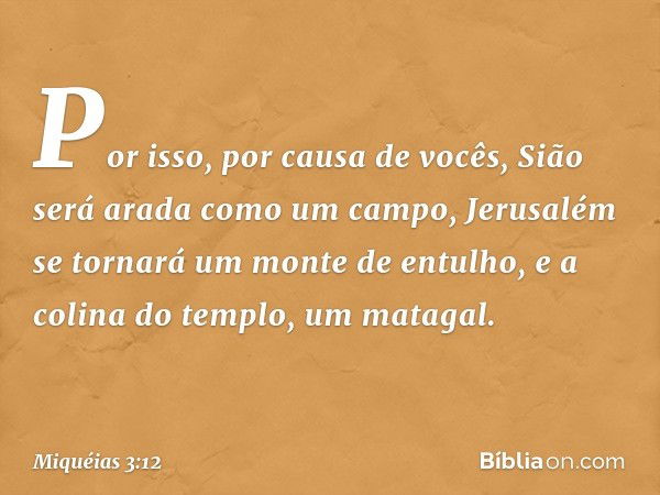 Por isso, por causa de vocês,
Sião será arada como um campo,
Jerusalém se tornará
um monte de entulho,
e a colina do templo, um matagal. -- Miquéias 3:12