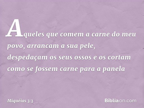 Aqueles que comem a carne
do meu povo,
arrancam a sua pele,
despedaçam os seus ossos
e os cortam como se fossem
carne para a panela -- Miquéias 3:3