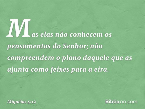 Mas elas não conhecem
os pensamentos do Senhor;
não compreendem o plano
daquele que as ajunta
como feixes para a eira. -- Miquéias 4:12