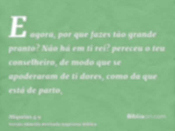 E agora, por que fazes tão grande pranto? Não há em ti rei? pereceu o teu conselheiro, de modo que se apoderaram de ti dores, como da que está de parto,