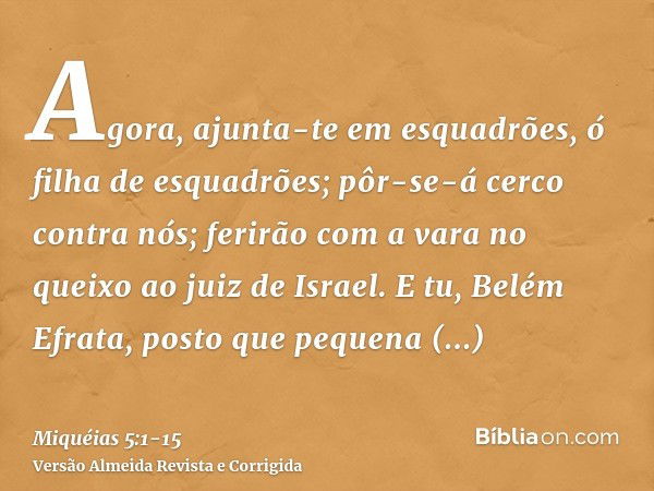 Agora, ajunta-te em esquadrões, ó filha de esquadrões; pôr-se-á cerco contra nós; ferirão com a vara no queixo ao juiz de Israel.E tu, Belém Efrata, posto que p