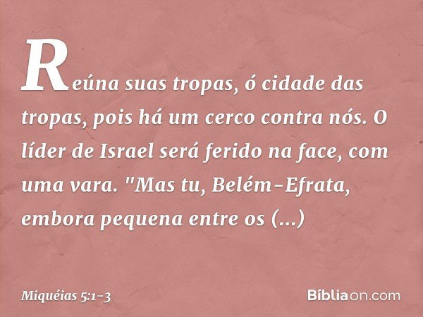 Reúna suas tropas,
ó cidade das tropas,
pois há um cerco contra nós.
O líder de Israel será ferido na face,
com uma vara. "Mas tu, Belém-Efrata,
embora pequena
