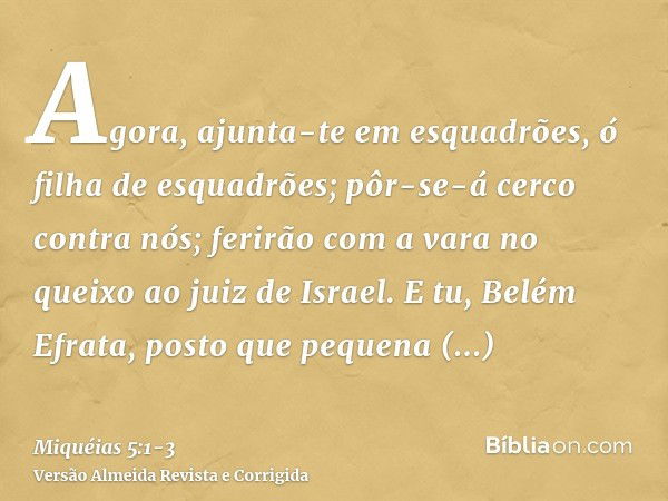 Agora, ajunta-te em esquadrões, ó filha de esquadrões; pôr-se-á cerco contra nós; ferirão com a vara no queixo ao juiz de Israel.E tu, Belém Efrata, posto que p