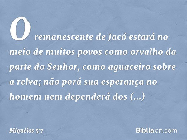 O remanescente de Jacó estará
no meio de muitos povos
como orvalho da parte do Senhor,
como aguaceiro sobre a relva;
não porá sua esperança no homem
nem depende