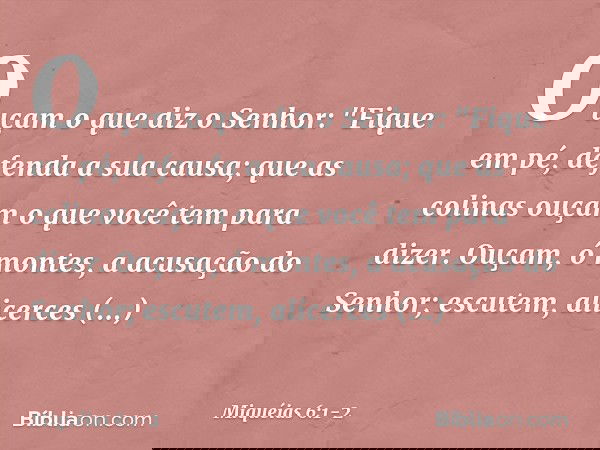 Ouçam o que diz o Senhor:
"Fique em pé,
defenda a sua causa;
que as colinas ouçam
o que você tem para dizer. Ouçam, ó montes,
a acusação do Senhor;
escutem, ali