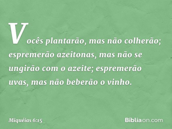 Vocês plantarão, mas não colherão;
espremerão azeitonas,
mas não se ungirão com o azeite;
espremerão uvas,
mas não beberão o vinho. -- Miquéias 6:15