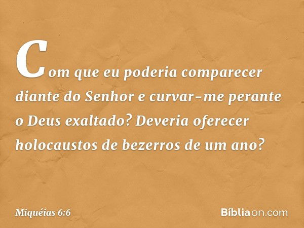 Com que eu poderia comparecer
diante do Senhor
e curvar-me perante o Deus exaltado?
Deveria oferecer holocaustos
de bezerros de um ano? -- Miquéias 6:6