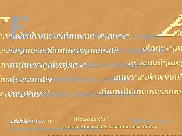 Ele te declarou, ó homem, o que é bom; e que é o que o Senhor requer de ti, senão que pratiques a justiça, e ames a benevolência, e andes humildemente com o teu