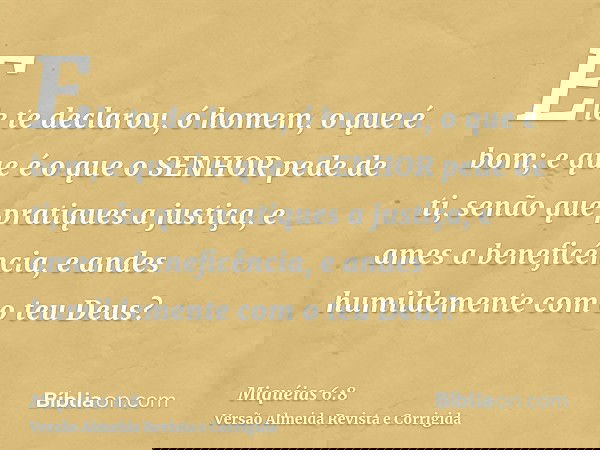Ele te declarou, ó homem, o que é bom; e que é o que o SENHOR pede de ti, senão que pratiques a justiça, e ames a beneficência, e andes humildemente com o teu D