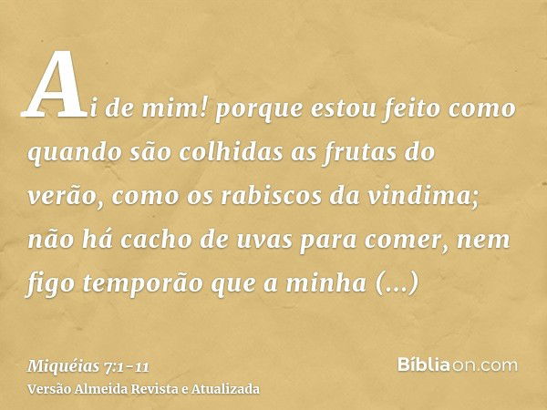 Ai de mim! porque estou feito como quando são colhidas as frutas do verão, como os rabiscos da vindima; não há cacho de uvas para comer, nem figo temporão que a