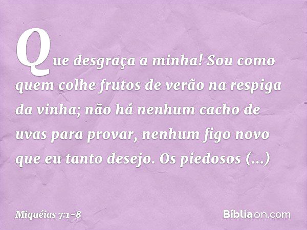 Que desgraça a minha!
Sou como quem colhe frutos de verão
na respiga da vinha;
não há nenhum cacho de uvas
para provar,
nenhum figo novo que eu tanto desejo. Os