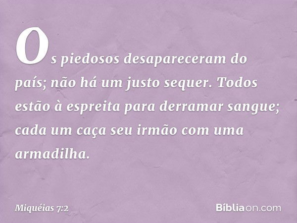 Os piedosos desapareceram do país;
não há um justo sequer.
Todos estão à espreita
para derramar sangue;
cada um caça seu irmão com uma armadilha. -- Miquéias 7: