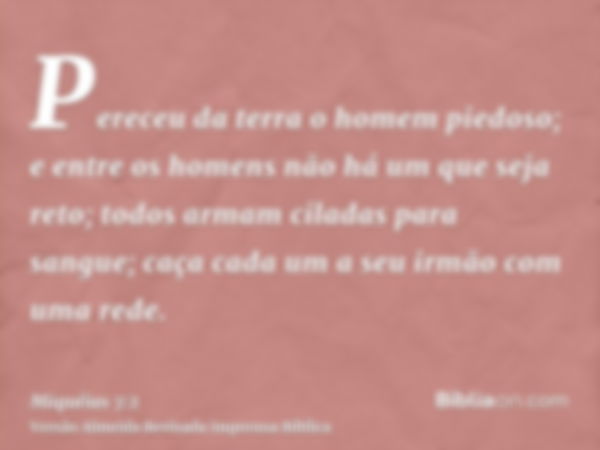 Pereceu da terra o homem piedoso; e entre os homens não há um que seja reto; todos armam ciladas para sangue; caça cada um a seu irmão com uma rede.