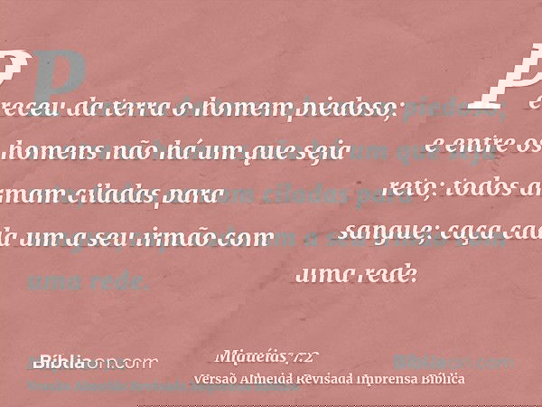 Pereceu da terra o homem piedoso; e entre os homens não há um que seja reto; todos armam ciladas para sangue; caça cada um a seu irmão com uma rede.