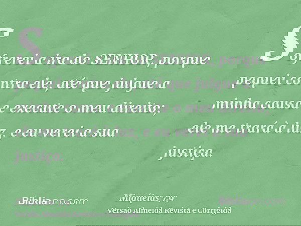 Sofrerei a ira do SENHOR, porque pequei contra ele, até que julgue a minha causa e execute o meu direito; ele me trará à luz, e eu verei a sua justiça.
