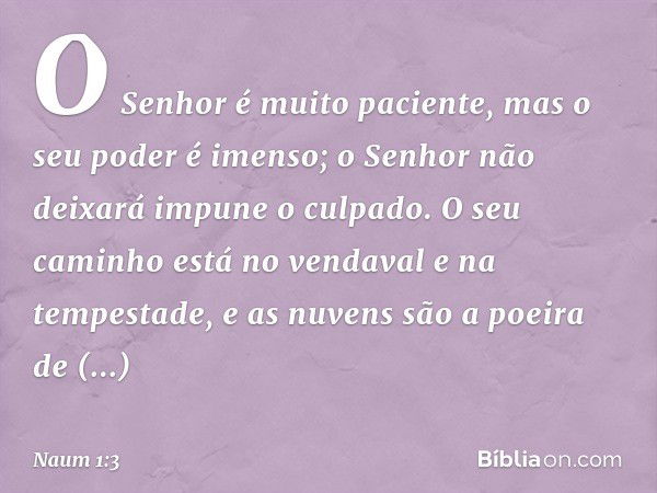 O Senhor é muito paciente,
mas o seu poder é imenso;
o Senhor não deixará impune o culpado.
O seu caminho está no vendaval
e na tempestade,
e as nuvens são a po