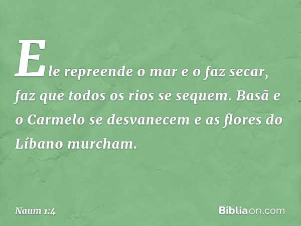 Ele repreende o mar e o faz secar,
faz que todos os rios se sequem.
Basã e o Carmelo se desvanecem
e as flores do Líbano murcham. -- Naum 1:4