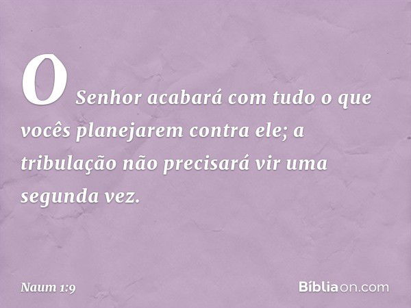 O Senhor acabará com tudo
o que vocês planejarem contra ele;
a tribulação não precisará vir
uma segunda vez. -- Naum 1:9