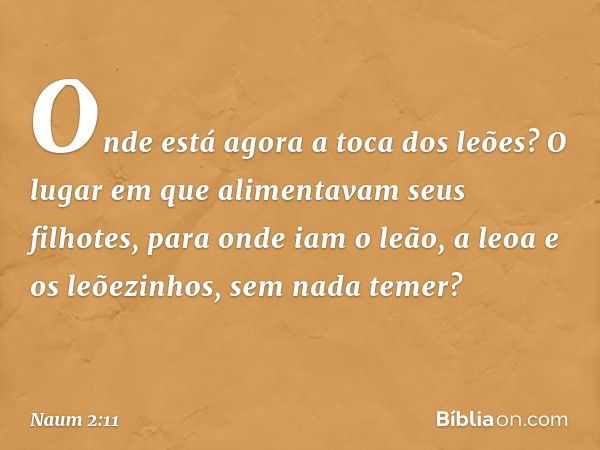 Onde está agora a toca dos leões?
O lugar em que alimentavam
seus filhotes,
para onde iam o leão, a leoa
e os leõezinhos, sem nada temer? -- Naum 2:11