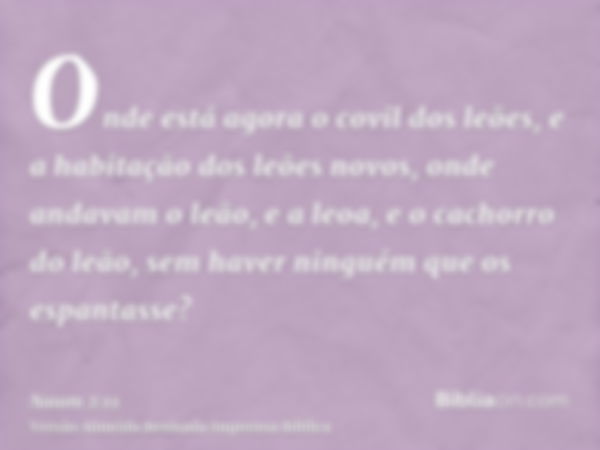 Onde está agora o covil dos leões, e a habitação dos leões novos, onde andavam o leão, e a leoa, e o cachorro do leão, sem haver ninguém que os espantasse?