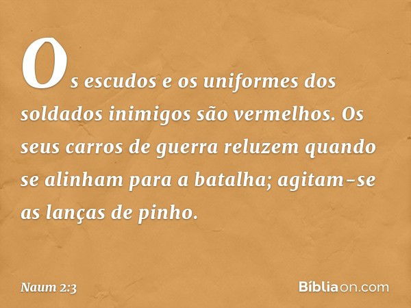 Os escudos e os uniformes
dos soldados inimigos são vermelhos.
Os seus carros de guerra reluzem
quan­do se alinham para a batalha;
agitam-se as lanças de pinho.