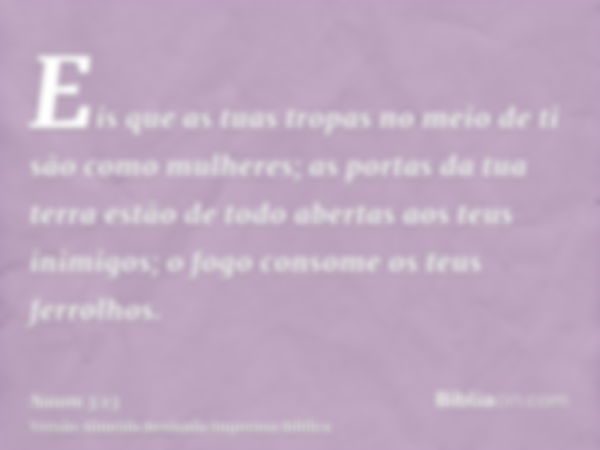 Eis que as tuas tropas no meio de ti são como mulheres; as portas da tua terra estão de todo abertas aos teus inimigos; o fogo consome os teus ferrolhos.