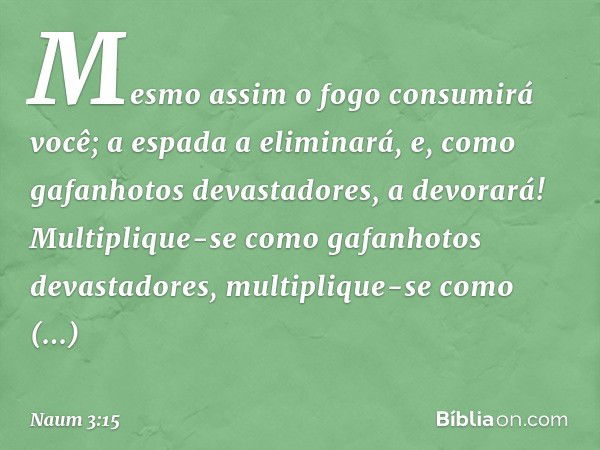 Mesmo assim o fogo consumirá você;
a espada a eliminará,
e, como gafanhotos devastadores,
a devorará!
Multiplique-se como
gafanhotos devastadores,
multiplique-s