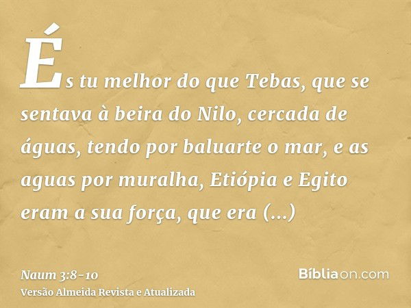 És tu melhor do que Tebas, que se sentava à beira do Nilo, cercada de águas, tendo por baluarte o mar, e as aguas por muralha,Etiópia e Egito eram a sua força, 